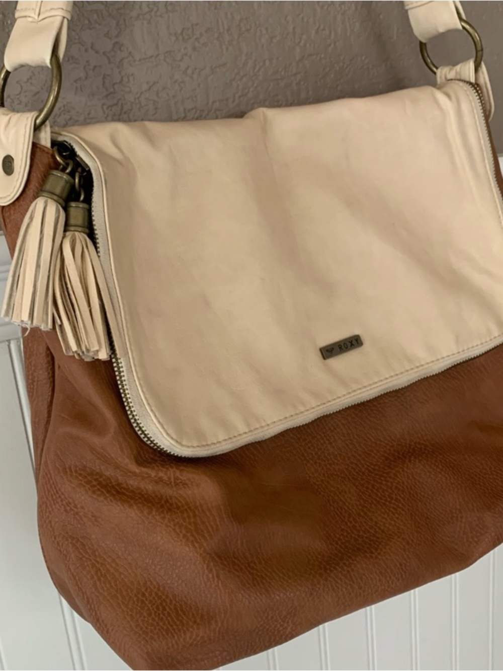 Roxy Cream and Brown Shoulder Bag with Tassel - Picture 2 of 6